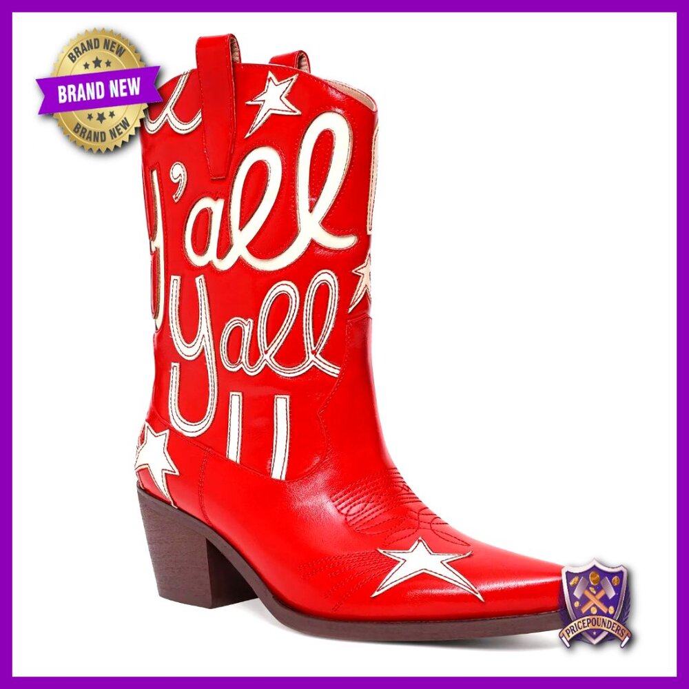 Metallic Cowgirl Boots Mid Calf Low Heel Pointed Toe Western Embroidery Pull On